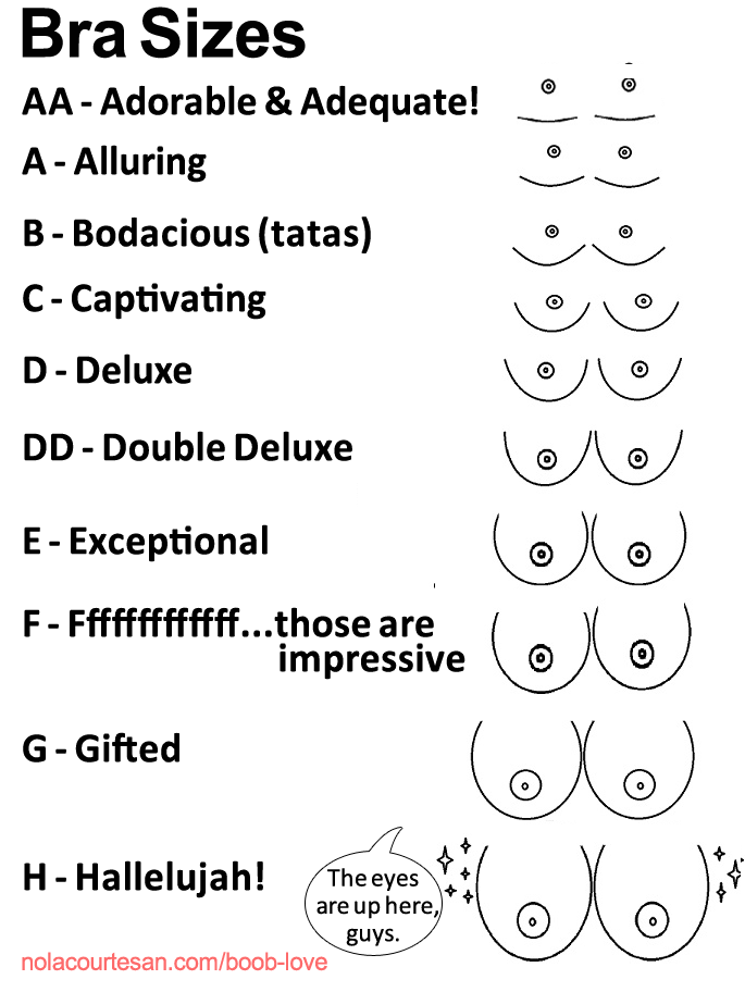 I love boobs - bra sizes meme improved = AA - Adorable & Adequate! A - Alluring B - Bodacious (tatas) C - Captivating D - Deluxe DD - Double Deluxe  E - Exceptional F - Fffffffffffffffffffffff...those are impressive G - Gifted H - Hallelujah