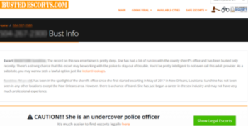 Screenshot of BustedEscorts.com: "CAUTION: She is an undercover police officer" (followed by paid link to site with "legal" escorts)