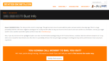 BustedEscorts.com screenshot: "YOU GONNA CALL MOMMY TO BAIL YOU OUT?" (followed by big paid link to "safe" escort site)