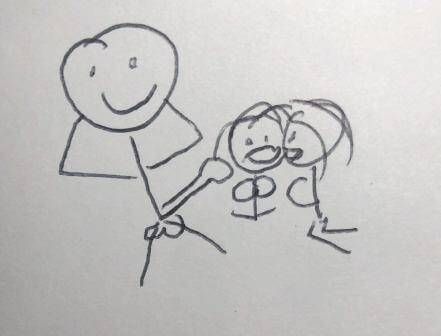 A couple having a threesome with a female escort, illustrated with stick figures: a guy with a massive cock, and two girls waiting to blow him.