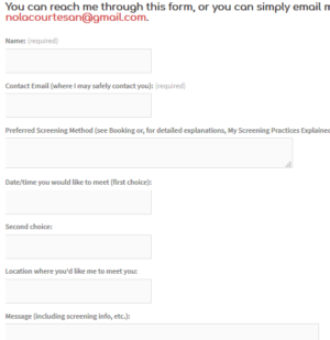 An escort's booking form / contact form on an escort's website